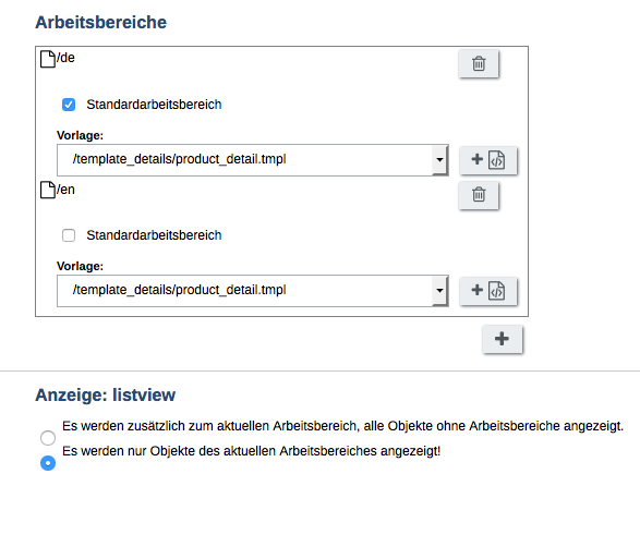 Arbeitsbereiche der Artikel. Die Vorlage &quot;product_detail&quot; ist die Ausgabe-Vorlage für die Produktseiten.